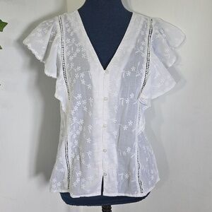 Caslon White Eyelet Button Down Top with Flutter Sleeves